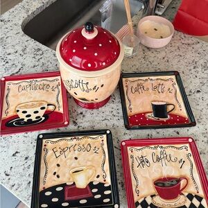 Certified Int. Ceramic Coffee Canister and 4-Piece Tile Coaster Set - Red/Cream
